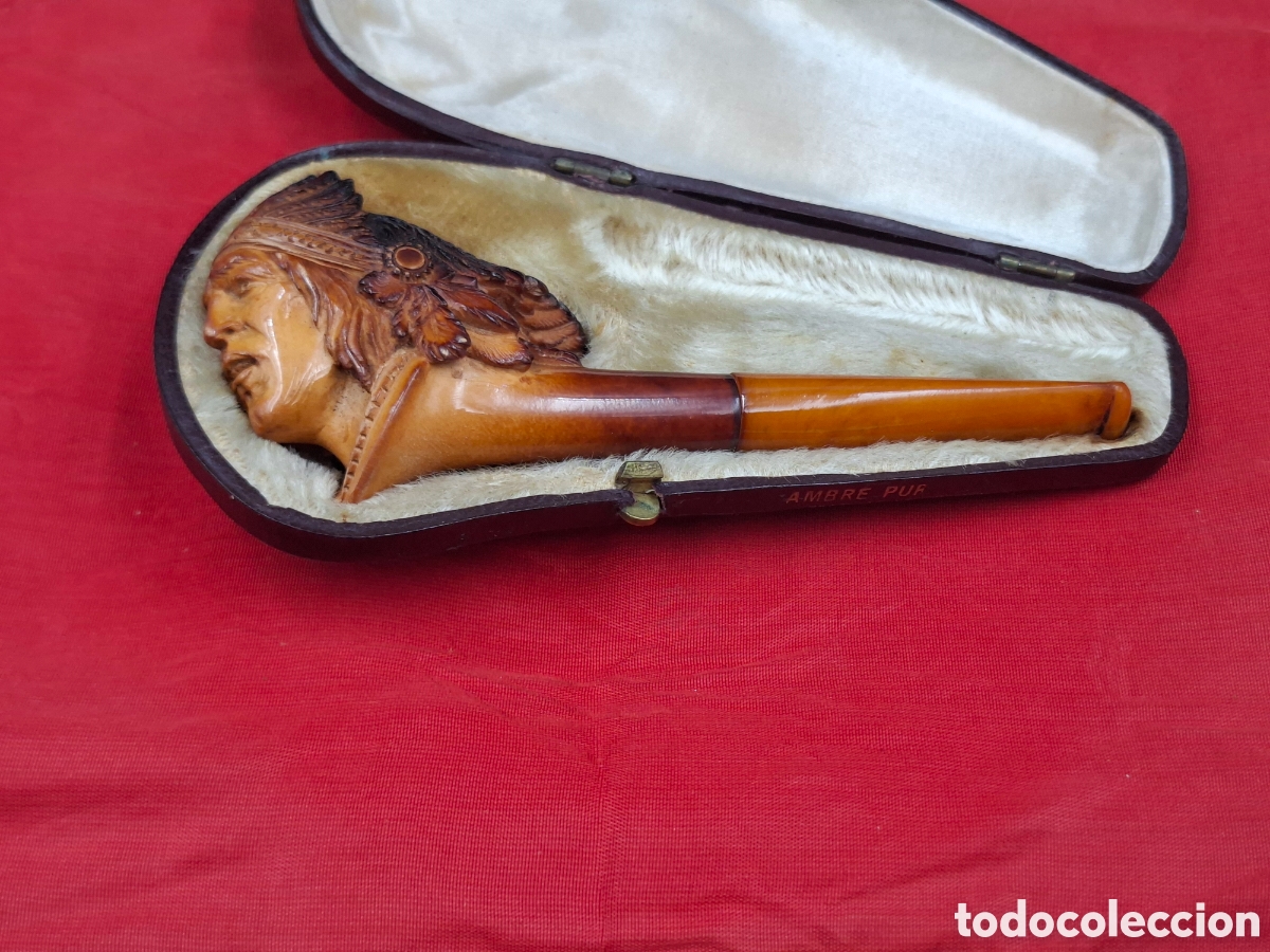 Pipas de fumar: Pipa antigua de espuma de mar tallada y ambar puro &ndash; cabeza de indio &ndash; estuche original