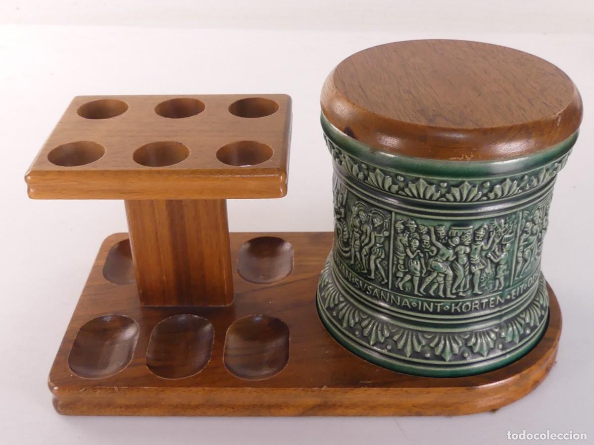 Pipas de fumar: SOPORTE DE 6 PIPAS CON RECIPIENTE PARA TABACO DE CERAMICA CON TAPA DE MADERA