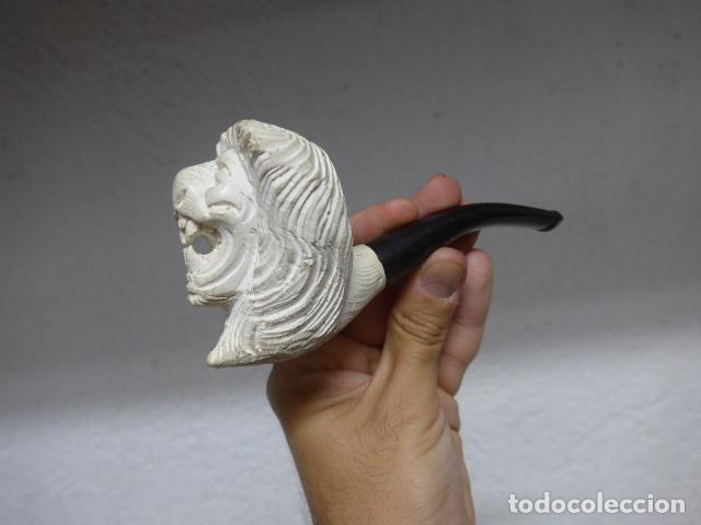 Pipas de fumar: Antigua pipa de fumar con rostro de cabeza de leon, original, Espuma de mar.
