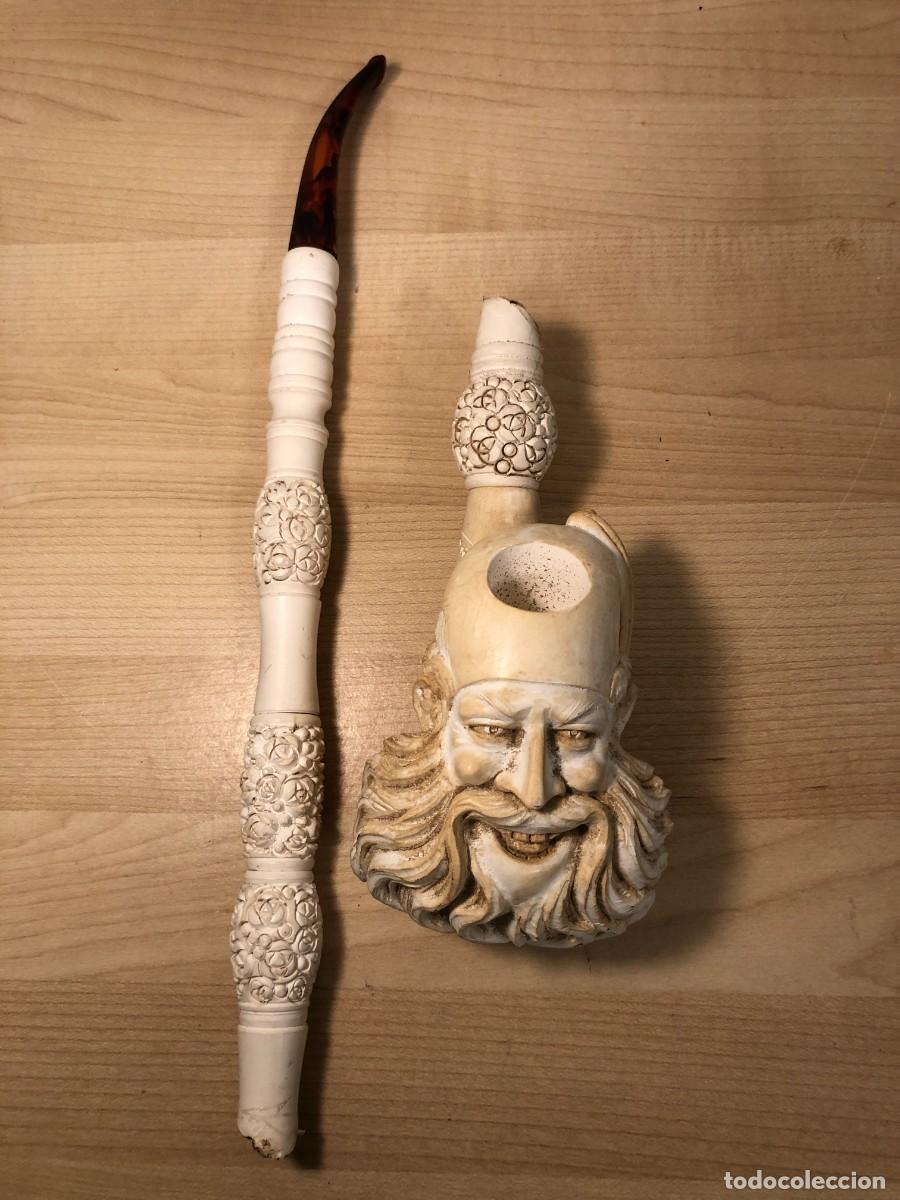 Pipas de fumar: Pipa antigua tallada cabeza hombre barbudo espuma de mar Meerschaum 35 cm