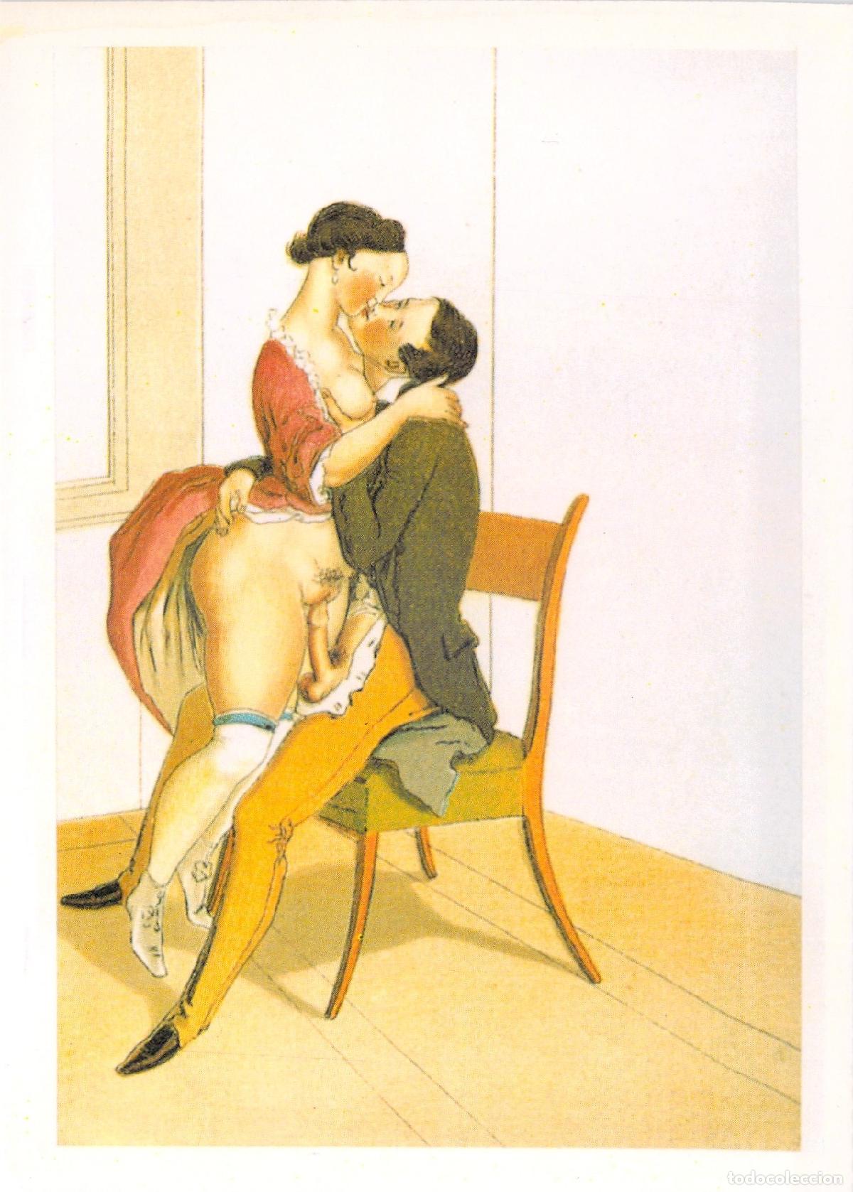 Postales: Postal de Arte Er&oacute;tico Cl&aacute;sico Pareja en una Silla Reproducci&oacute;n