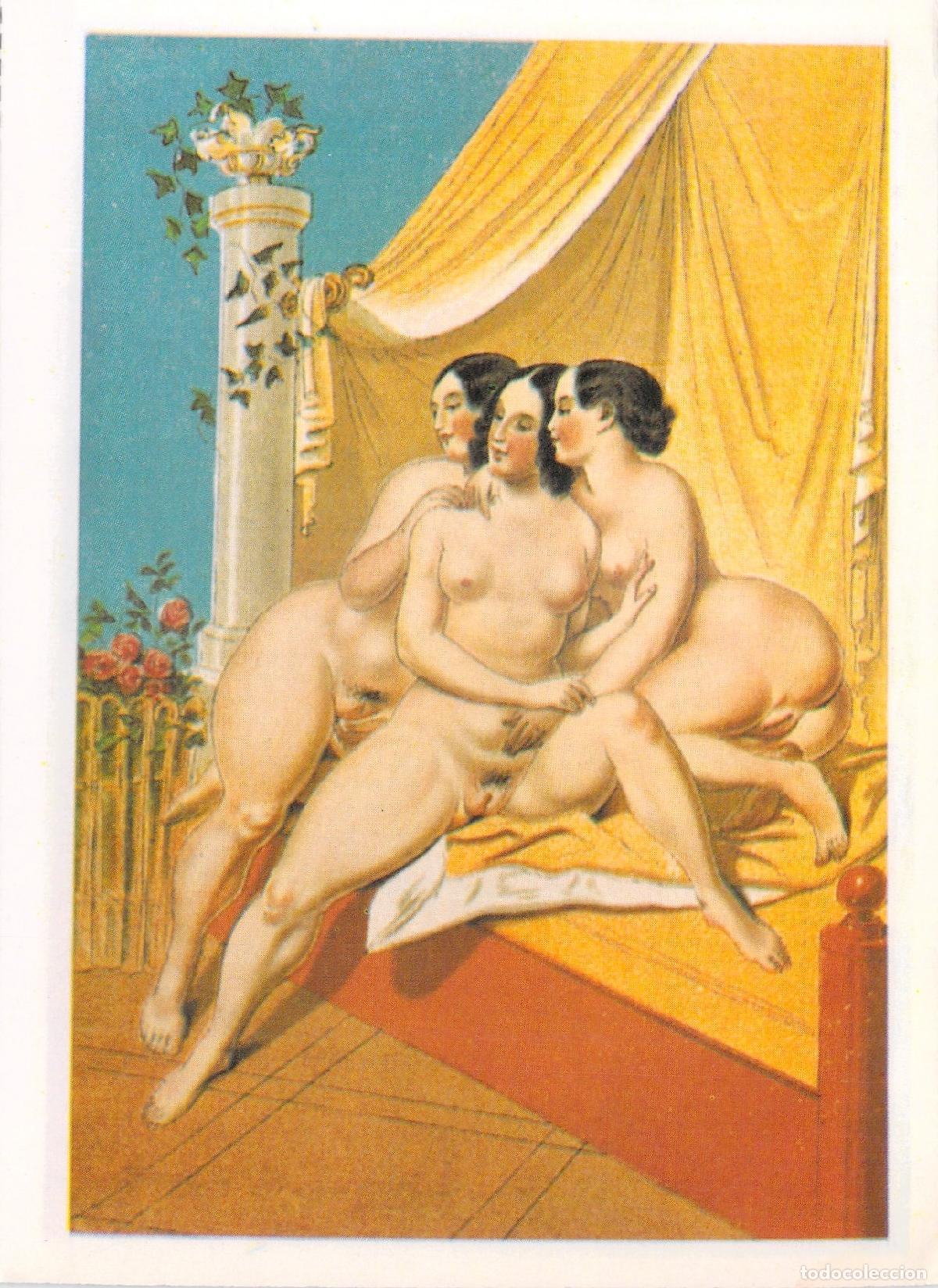 Postales: Postal de Arte Er&oacute;tico: Tres Mujeres Desnudas en la Alcoba Reproducci&oacute;n