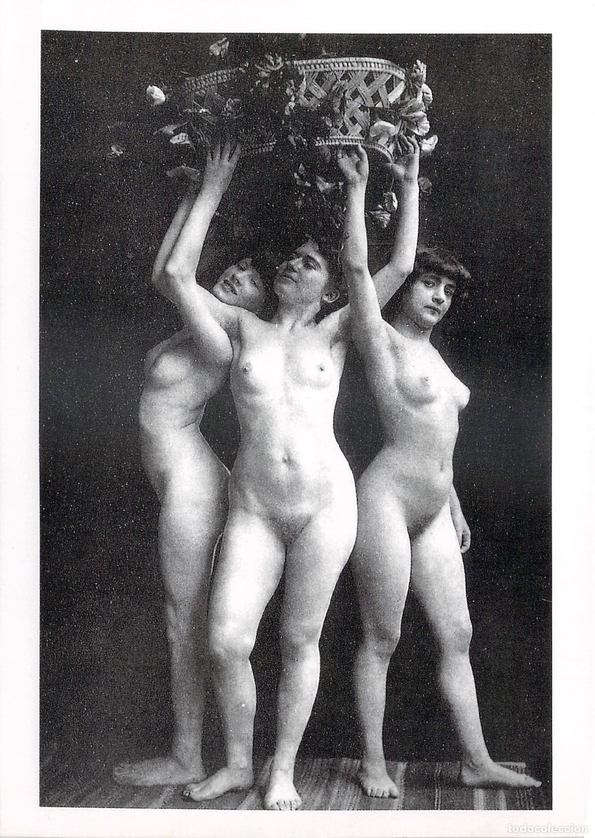 Postales: Postal Desnudo Art&iacute;stico Tres Mujeres con Cesta de Flores Reproducci&oacute;n
