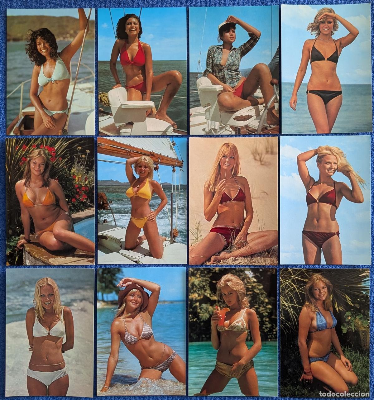 Postales: Lote de 12 postales sin circular de se&ntilde;oritas en bikini (1971) &iexcl;Impecables!