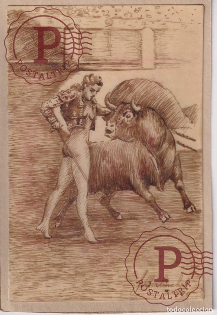 Postales: EXCLUSIVO DIBUJO ORIGINAL J. BERLINCHES. ESPA&Ntilde;A. EROTICA. TOROS. CORRIDAS. DESNUDO. NU. NAKED. ILLUS