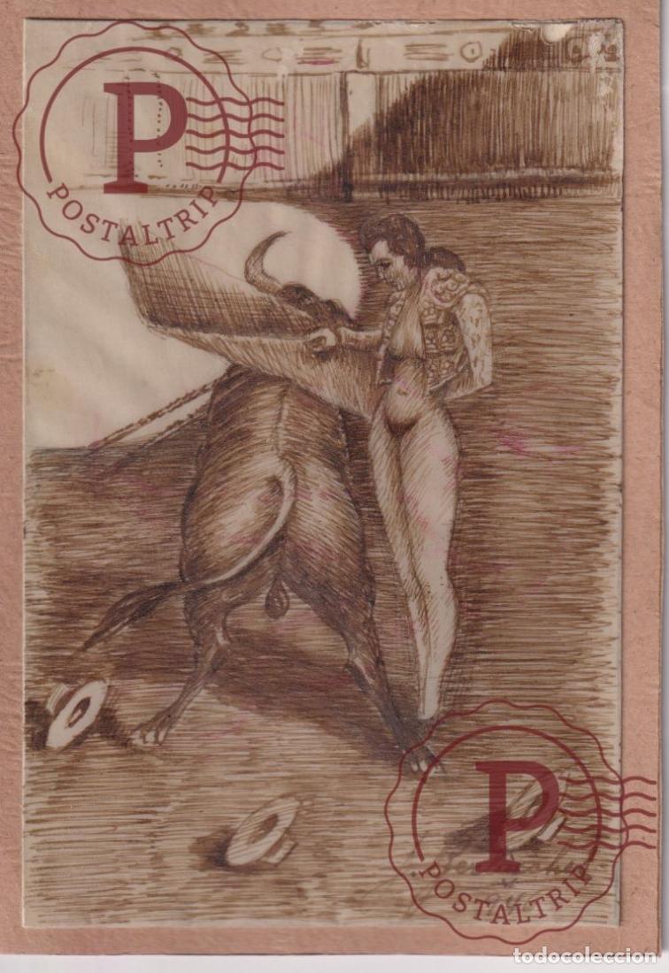 Postales: EXCLUSIVO DIBUJO ORIGINAL J. BERLINCHES. ESPA&Ntilde;A. EROTICA. TOROS. CORRIDAS. DESNUDO. NU. NAKED. ILLUS