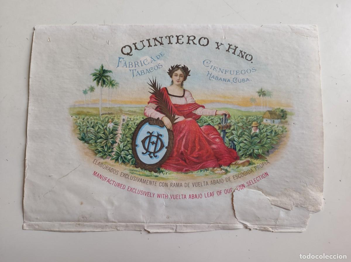 Cajas de Puros: Habilitacion etiqueta caja de puros Quintero y Hno Habana Cuba - antigua
