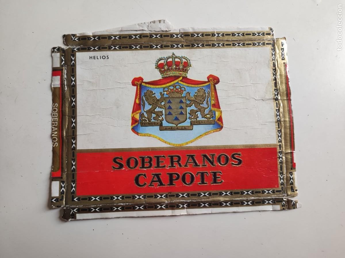 Cajas de Puros: Habilitacion etiqueta caja de puros tabacos Soberanos Capote canarias helios - antigua