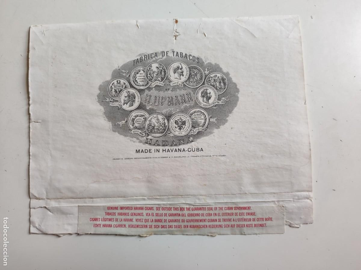Cajas de Puros: Habilitacion etiqueta caja de puros tabacos H. Upmann Habana Cuba - antigua