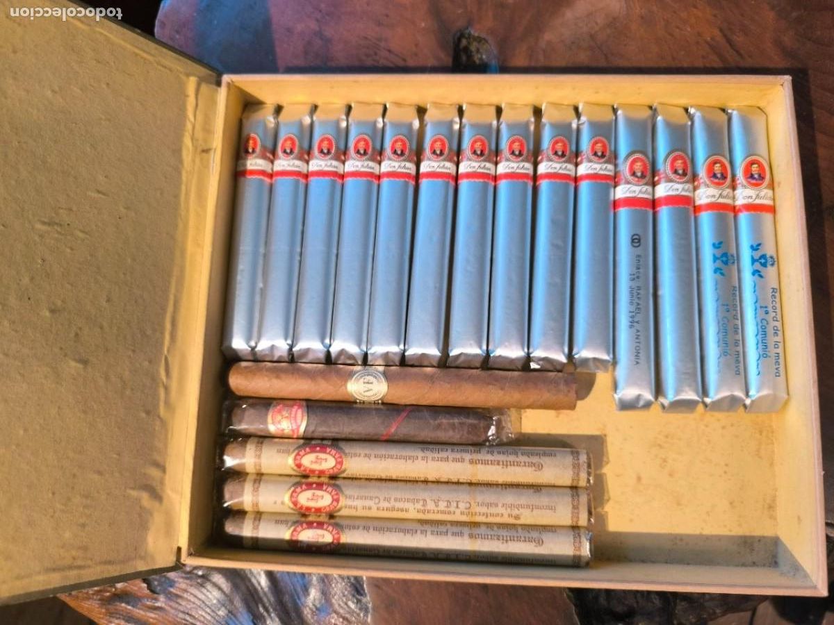 Cajas de puros: CAJA CON PUROS 14 DON JULIAN 10 DE 13cm 4 DE 15cm 3 GRAN FAMA 17cm 1 PARTAGAS 1 13 cm VEGA FINA 16cm