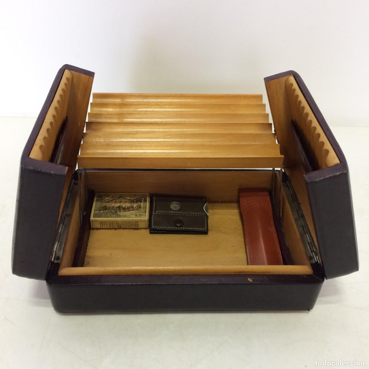 Caixas de Charutos: Antigua Caja de Puros y Puritos Madera y Piel - Cortapuros, Cerillas, etc.