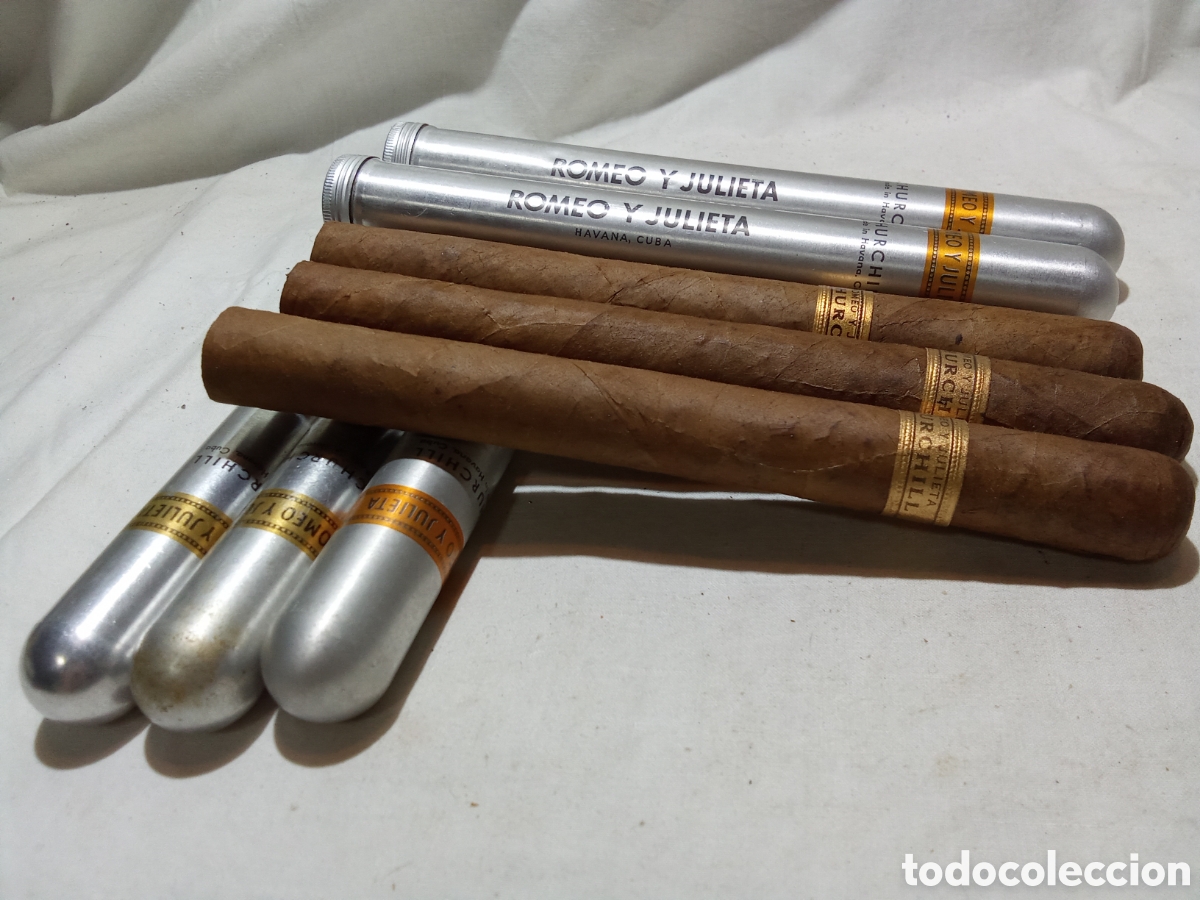 Cajas de puros: PUROS HABANOS ROMEO Y JULIETA CHURCHILL, 5 TUBOS DE ALUMINIO 3 PUROS CUBA