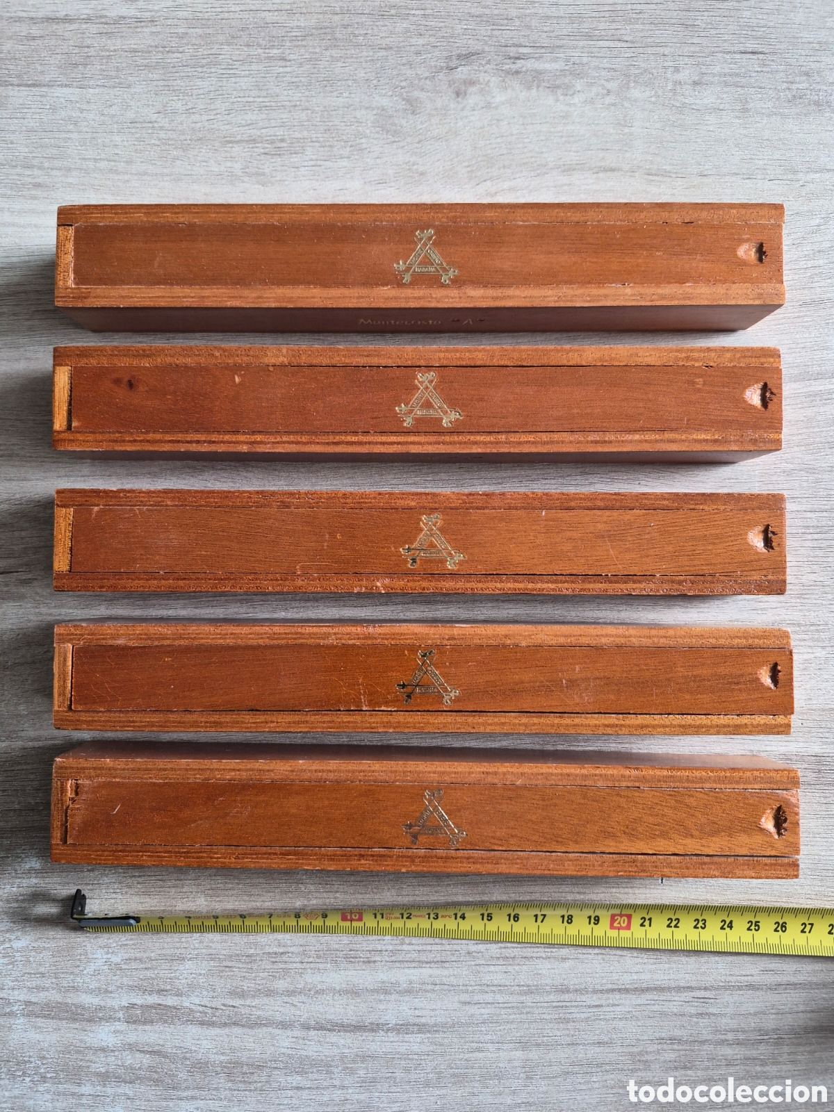Cajas de puros: Lote 5 Cinco Cajas de MADERA para PURO HABANO MONTECRISTO &rdquo;A&rdquo; - 25 x 3,6 x 3,4 cm. - Excelentes .