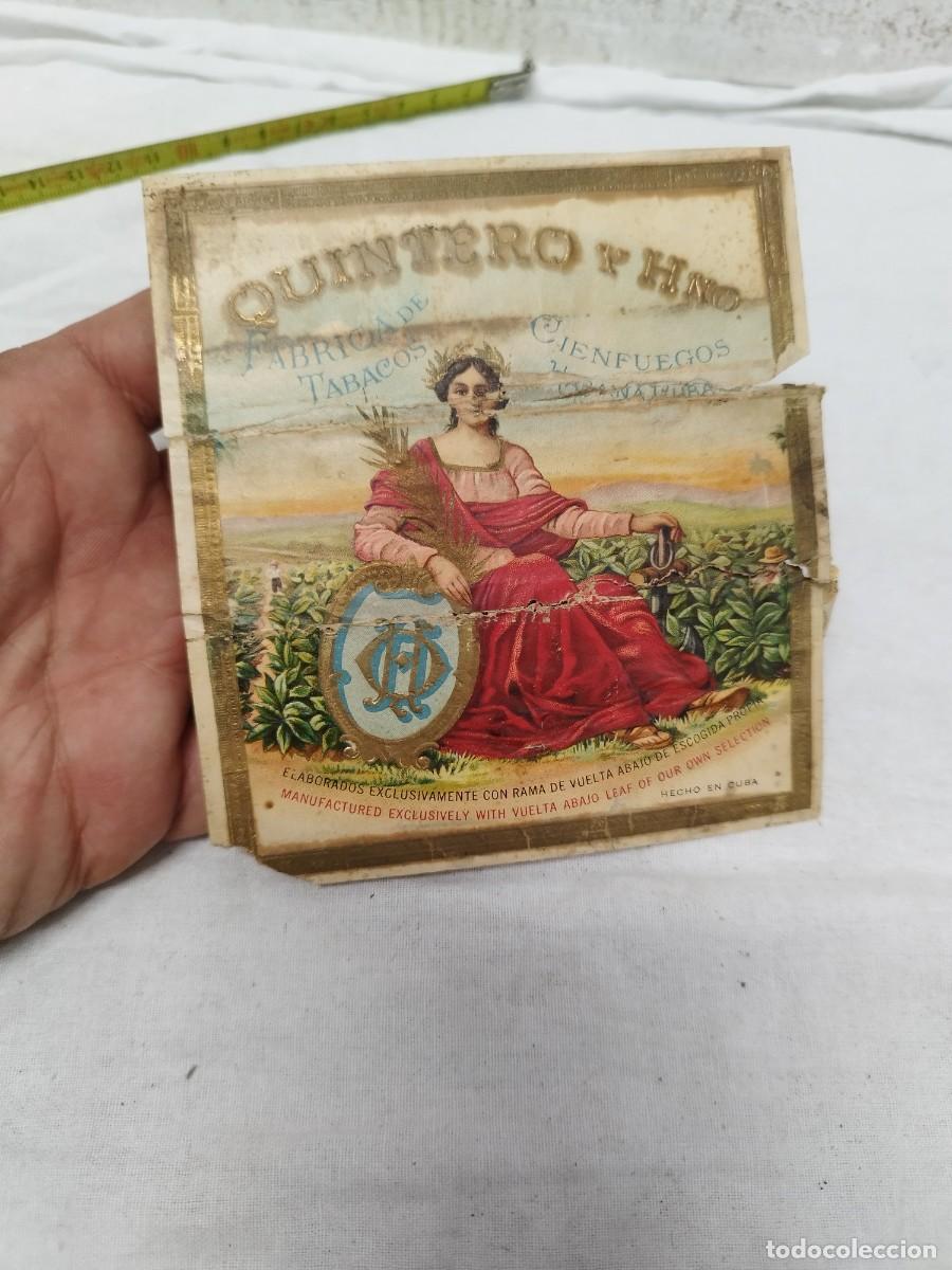 Cajas de puros: Etiqueta litogr&aacute;fica antigua de una caja de puros. Quintero y Hno. Cienfuegos Habana, Cuba.