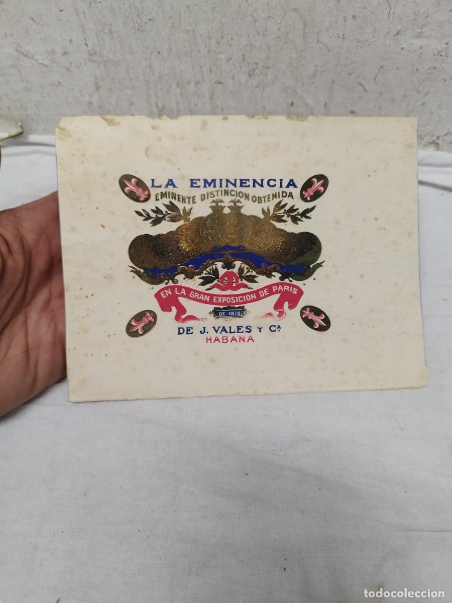 Cajas de puros: Antigua etiqueta habilitaci&oacute;n de caja puros La eminencia. J. Vales y CA.Habana Cuba Puros habanos.