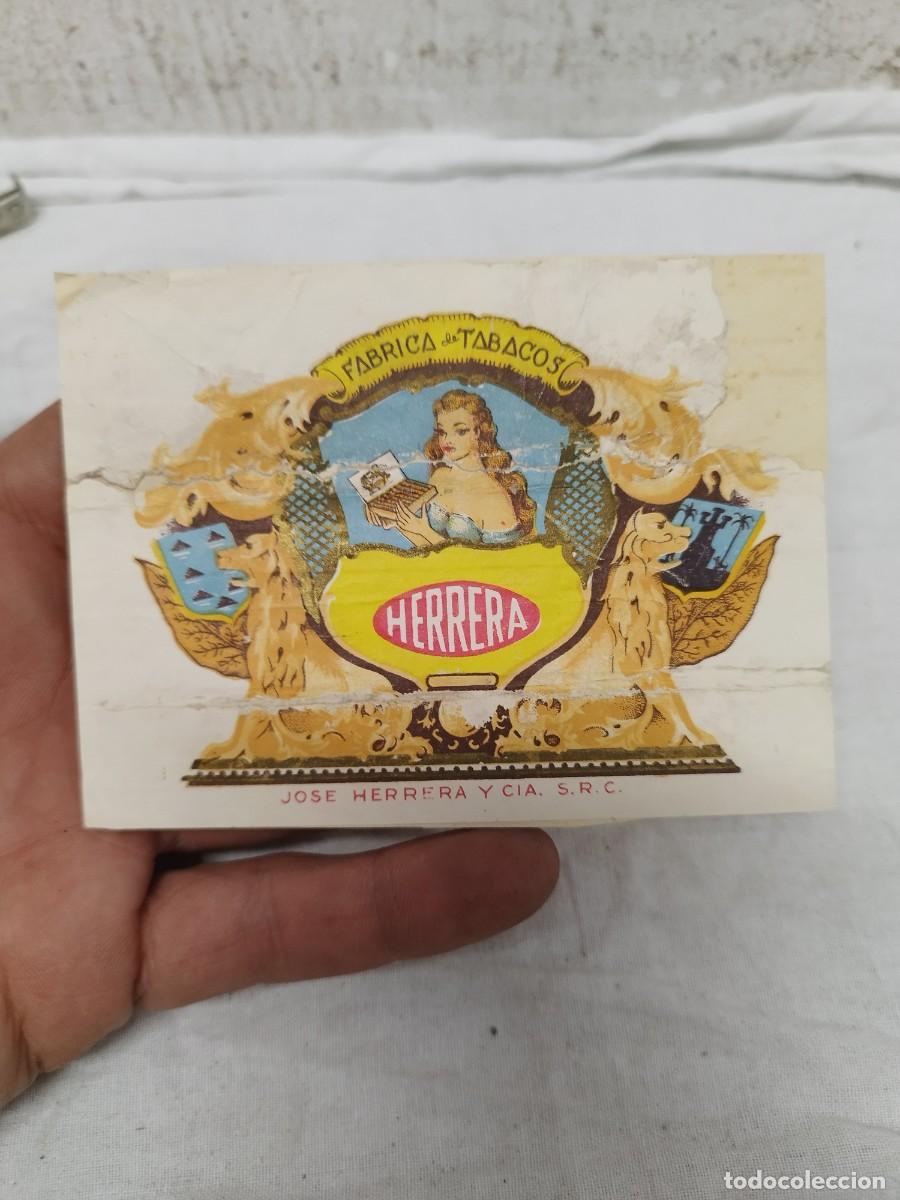Cajas de puros: Antigua etiqueta habilitaci&oacute;n de caja de puros tabacos Herrera. Las Palmas de gran canaria.