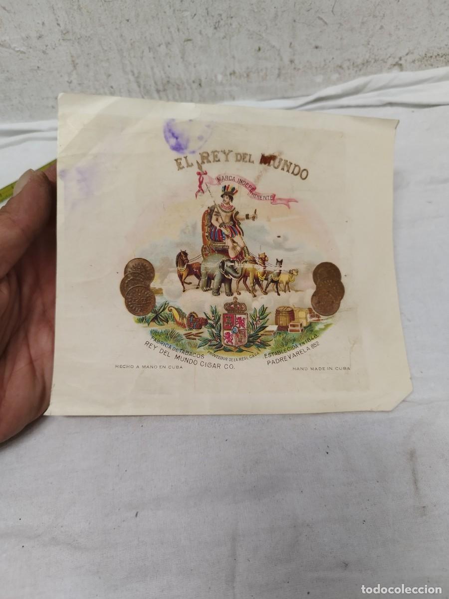 Cajas de puros: Antigua etiqueta habilitaci&oacute;n de caja de puros el rey del mundo. Habana Cuba, padre Varela.