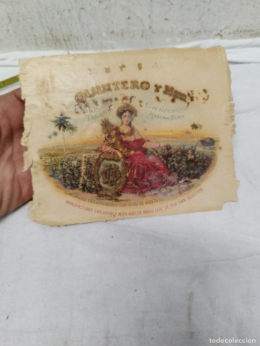 Cajas de puros: Antigua etiqueta habilitaci&oacute;n de caja de puros Quintero y Hno. Cienfuegos Habana Cuba, padre Varela.