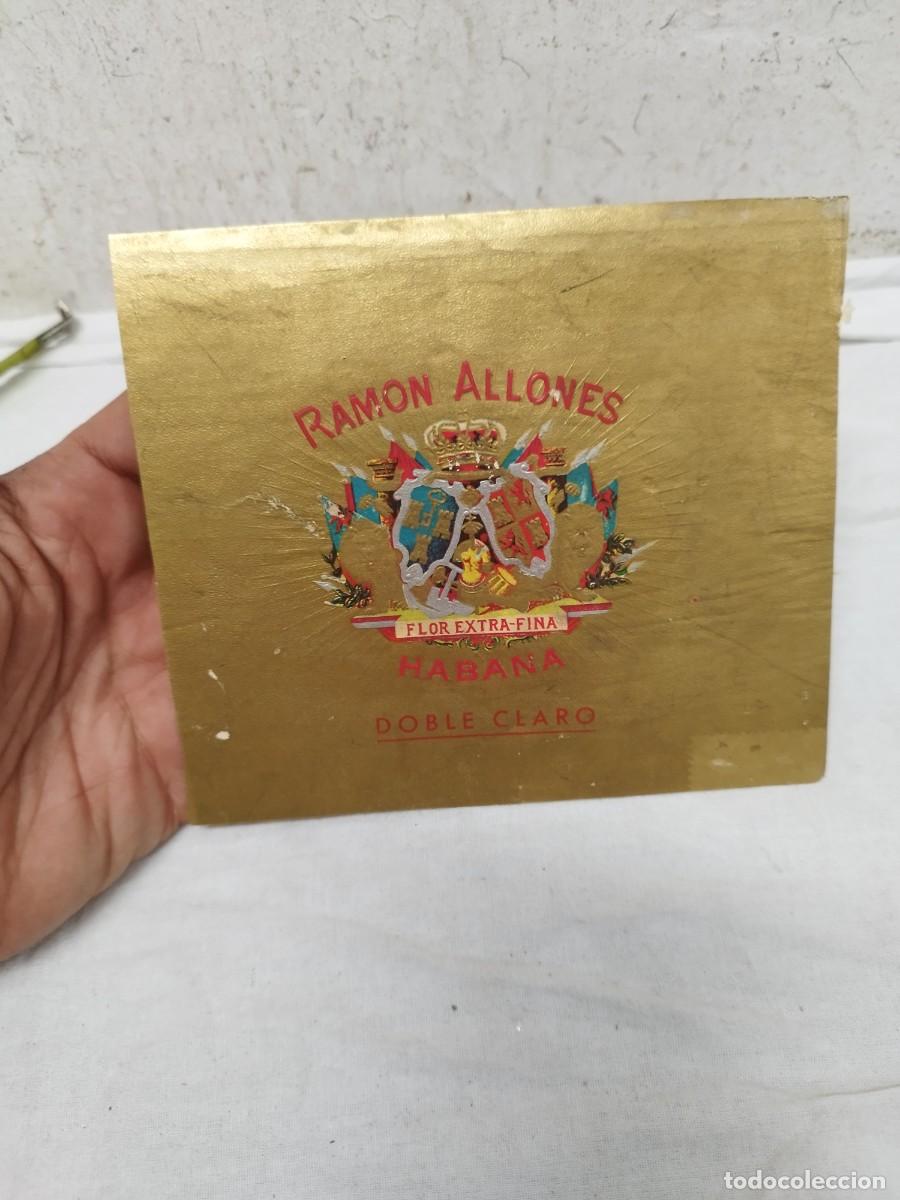 Cajas de puros: Antigua etiqueta habilitaci&oacute;n de caja de puros Ramon Allones Doble claro. Habana Cuba, padre Varela.