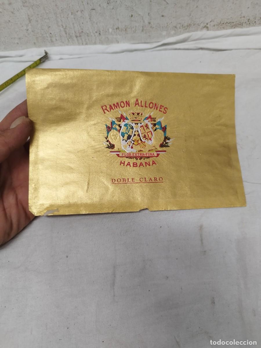 Cajas de puros: Antigua etiqueta habilitaci&oacute;n de caja de puros Ramon Allones Doble claro. Habana Cuba, padre Varela.