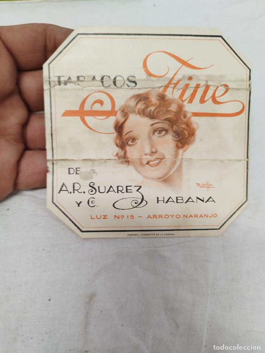 Cajas de puros: Antigua Etiqueta Caja Puros Fine - A.R. Su&aacute;rez y C&iacute;a. Habana - Cuba Litograf&iacute;a.