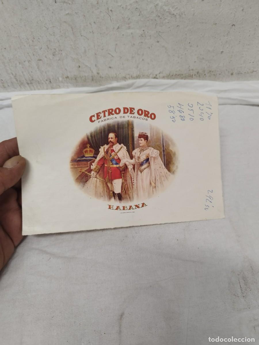 Cajas de puros: Antigua Etiqueta Litogr&aacute;fica Caja de Puros Cetro de Oro Habana - Vitolfilia Real. Cuba tabaco.