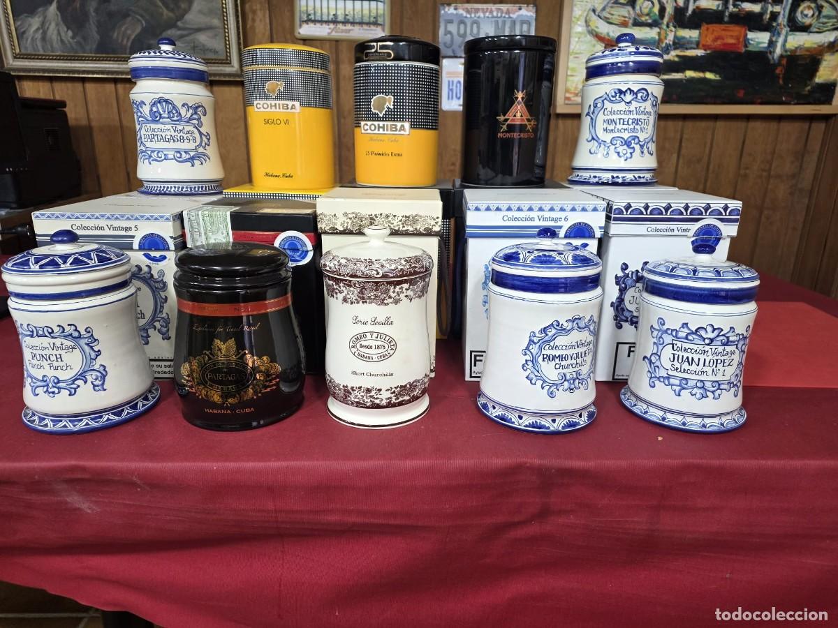 Cajas de puros: Lote de 10 jarras cer&aacute;mica de habanos en sus respectivas cajas (sin cigarros)
