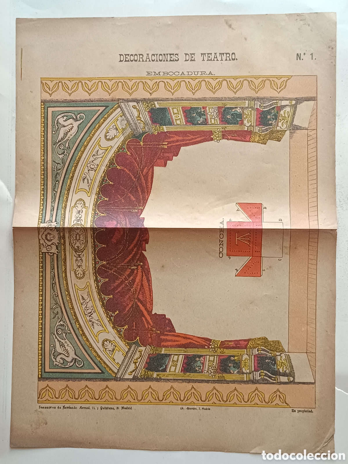 Coleccionismo Recortables: DECORACIONES DE TEATRO HOJA N&ordm; 1 EMBOCADURA Y CONCHA DEL APUNTADOR SUCESORES DE HERNANDO LIT. COLOR