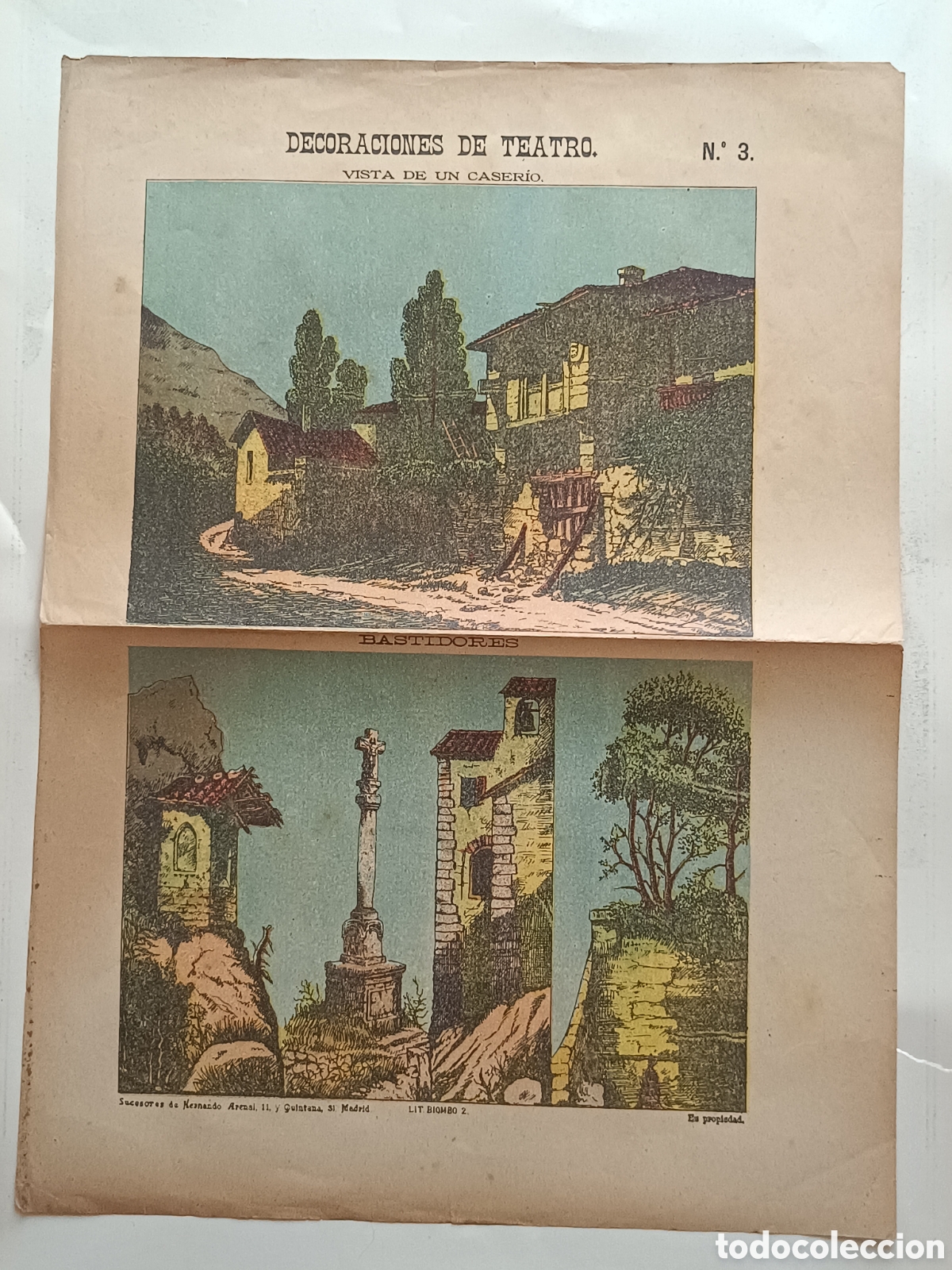 Coleccionismo Recortables: DECORACIONES DE TEATRO HOJA N&ordm; 3-VISTA DE UN CASER&Iacute;O Y BASTIDORES. SUC. HERNANDO LITOGRAF&Iacute;A EN COLOR