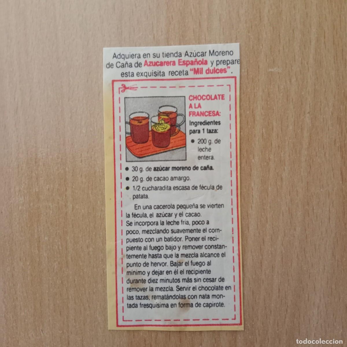 Coleccionismo recortables: RECETA RECORTABLE MIL DULCES, CHOCOLATE A LA FRANCESA - AZUCARERA ESPA&Ntilde;OLA - A&Ntilde;OS 80.