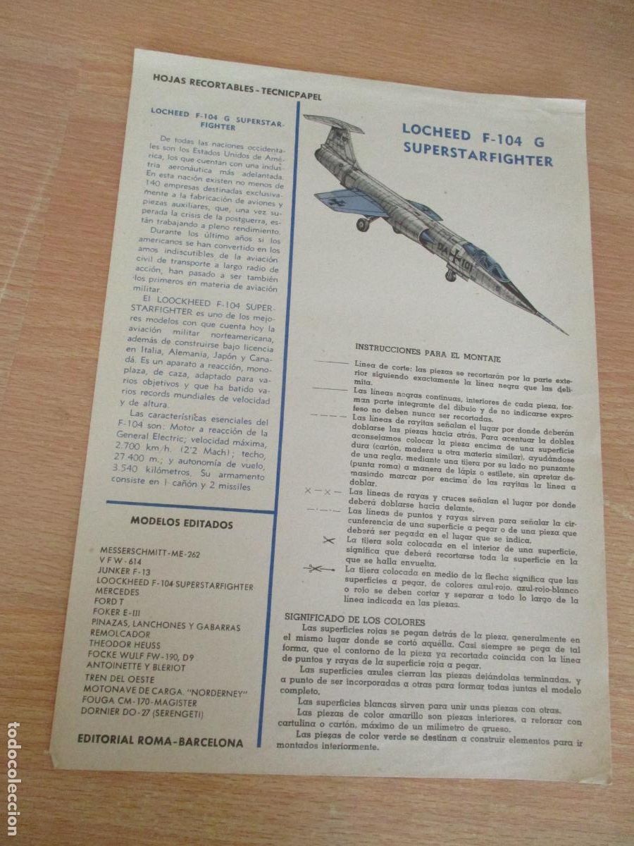 Coleccionismo recortables: HOJA RECORTABLE -TECNICPAPEL-LOCHEED F-104 G, SUPERSTARFIGHTER-EDT: ROMA- 30 X 21 CM.