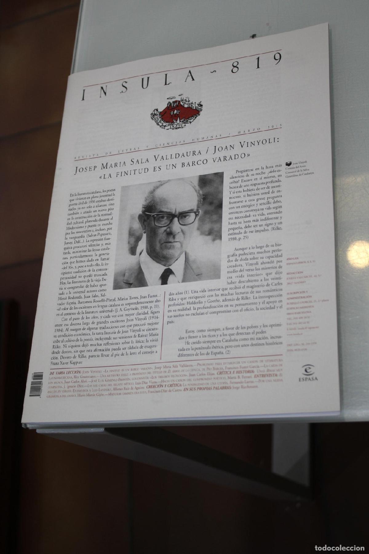 Coleccionismo de Revista Blanco y Negro: &Iacute;nsula, 819. Jos&eacute; Mar&iacute;a Sala Valldaura/Joan Vinyoli: &rdquo;La finitud es un barco varado&rdquo;. Marzo 2015. -
