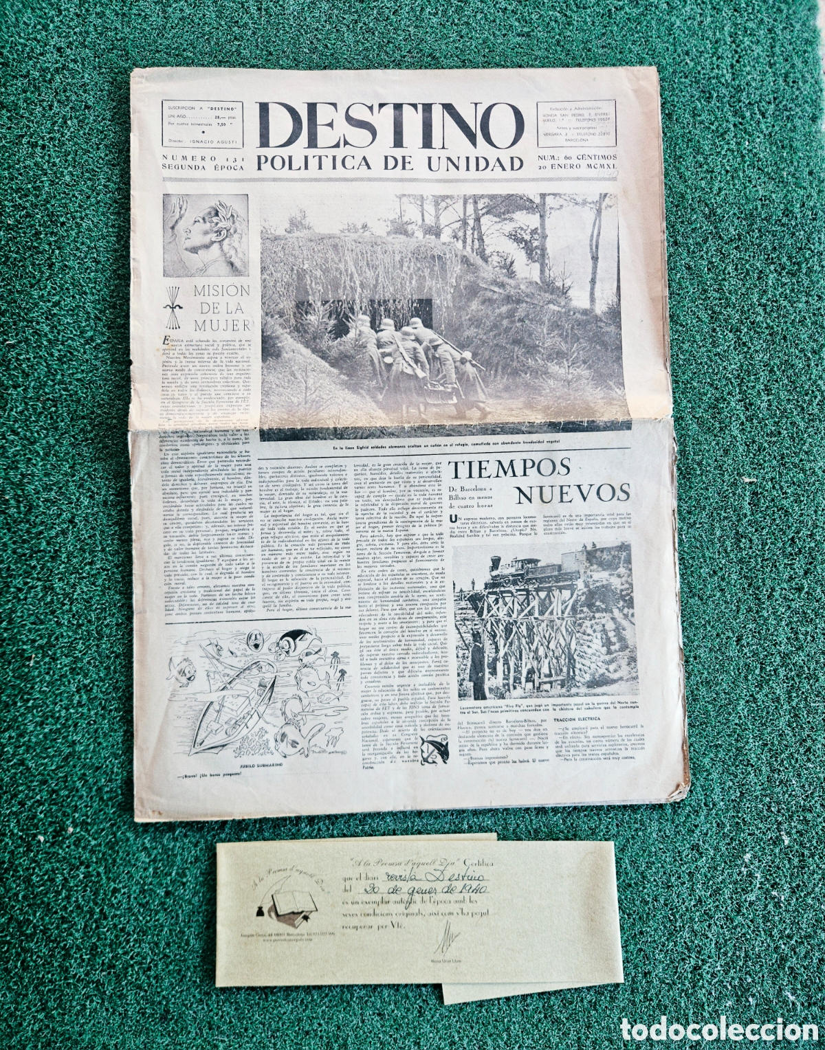 Coleccionismo de revista Destino: Revista Destino n&deg;131 20 enero 1940 Incluye certificado de autenticidad
