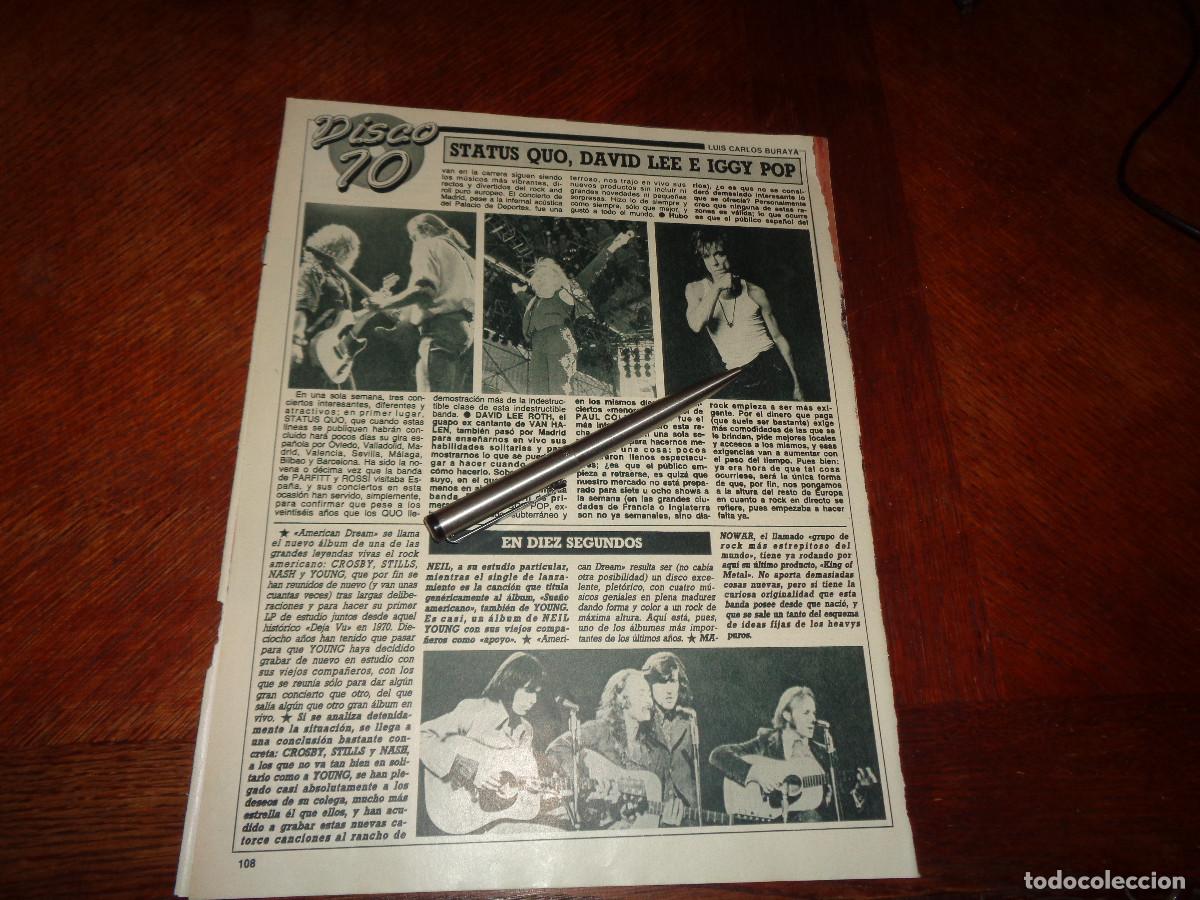 Coleccionismo de revista Diez Minutos: RECORTE : STATUS QUO, DAVID LEE E IGGY POP. DIEZ MINUTOS, DCBRE 1988