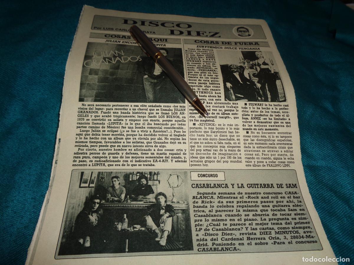 Collezionismo di Rivista Diez Minutos: RECORTE : EURYTHMICS, CASABLANCA , JULIAN GRANADOS. DIEZ MINUTOS, SPTBRE 1986