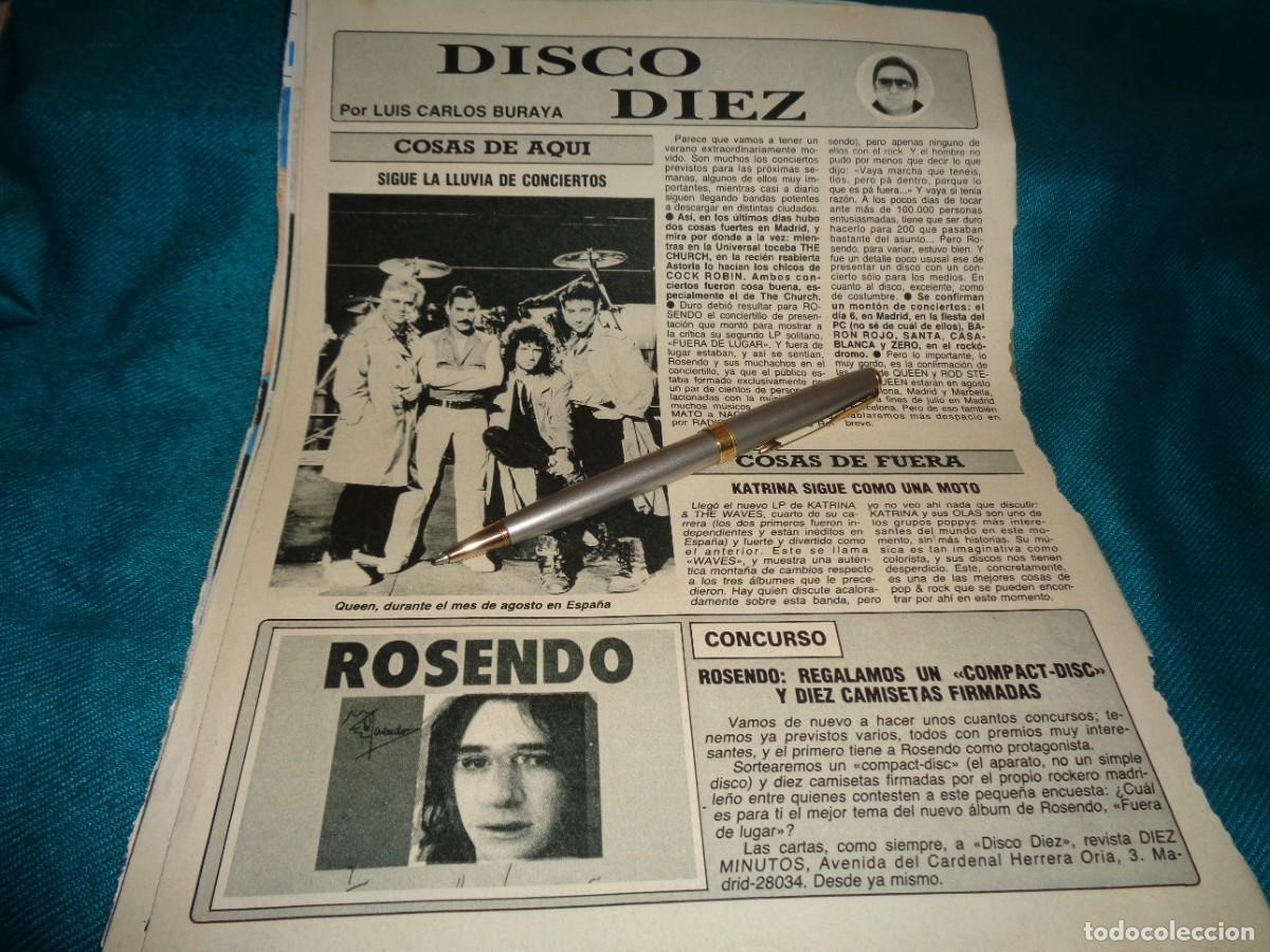 Coleccionismo de revista Diez Minutos: RECORTE : DISCO 10 : QUEEN, EN ESPA&Ntilde;A. ROSENDO. DIEZ MINUTOS, JUNIO 1986