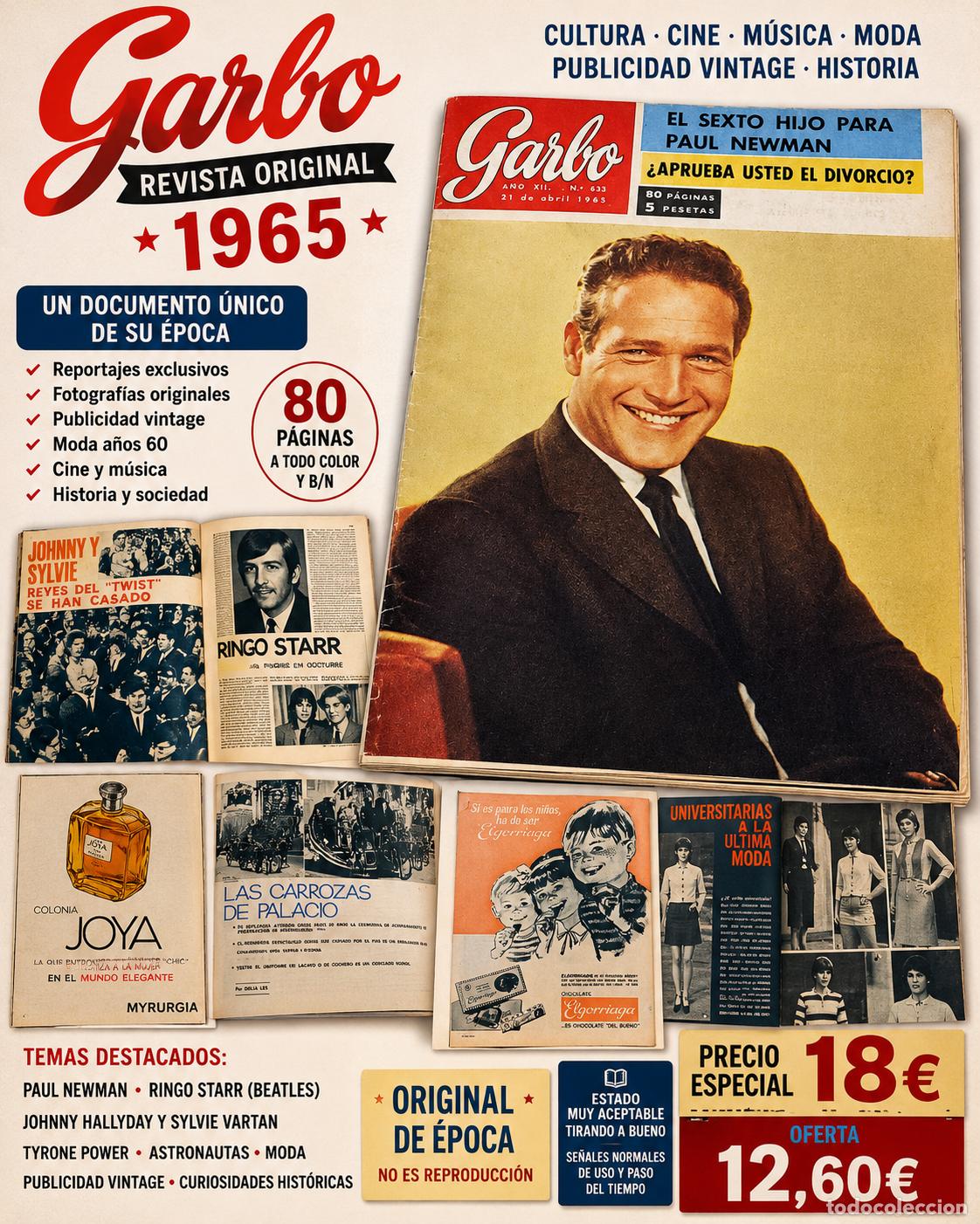 Coleccionismo de Revista Garbo: REVISTA GARBO 1965 ORIGINAL | PAUL NEWMAN | RINGO STARR | JOHNNY HALLYDAY | PUBLICIDAD VINTAGE