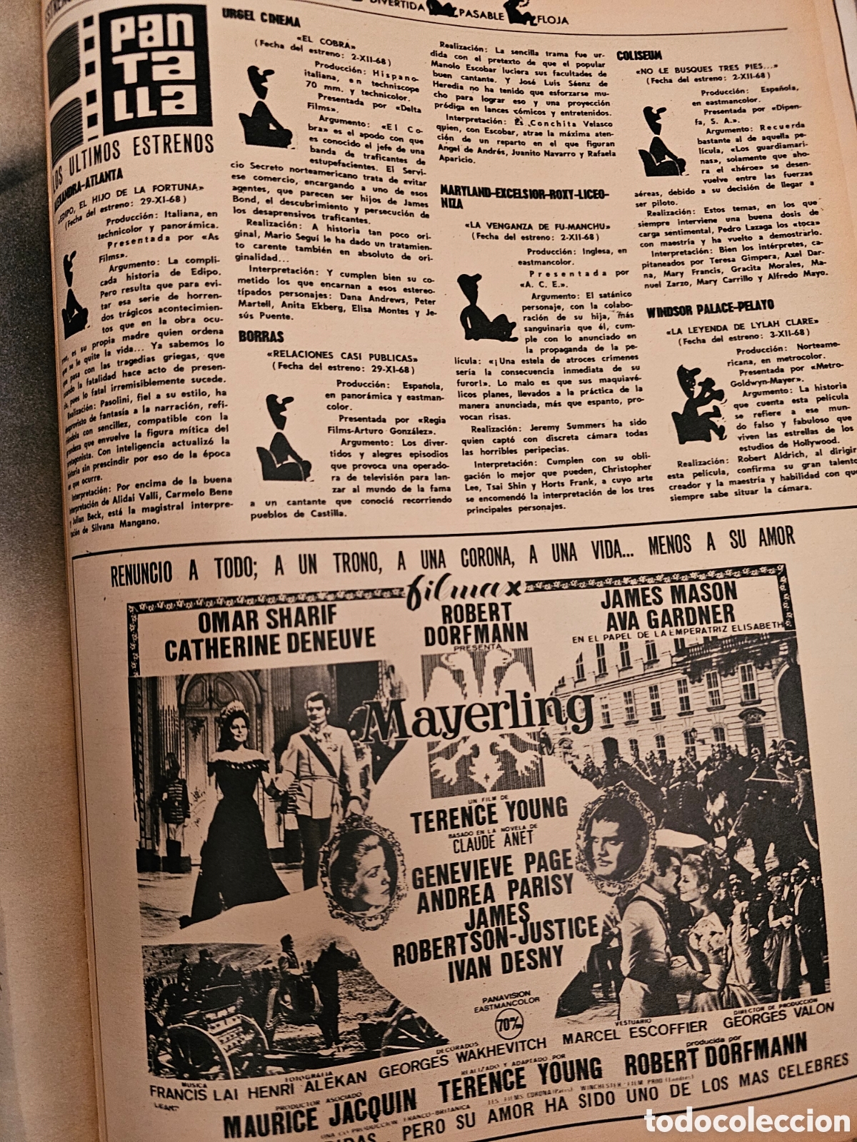 Collection Magazine &iexcl;Hola!: RECORTE REVISTA HOLA N&ordm; 1268 1968 PUBLICIDAD PEL&Iacute;CULA MAYERLING. OMAR SHARIFF Y CATHERINE DENEUVE