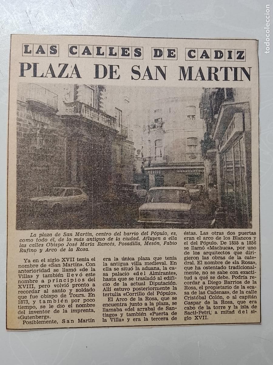 Coleccionismo de Revista Hola: DIARIO 1979 80 RECORTE COLECCION CALLES DE CADIZ CAPITAL - PLAZA DE SAN MARTIN