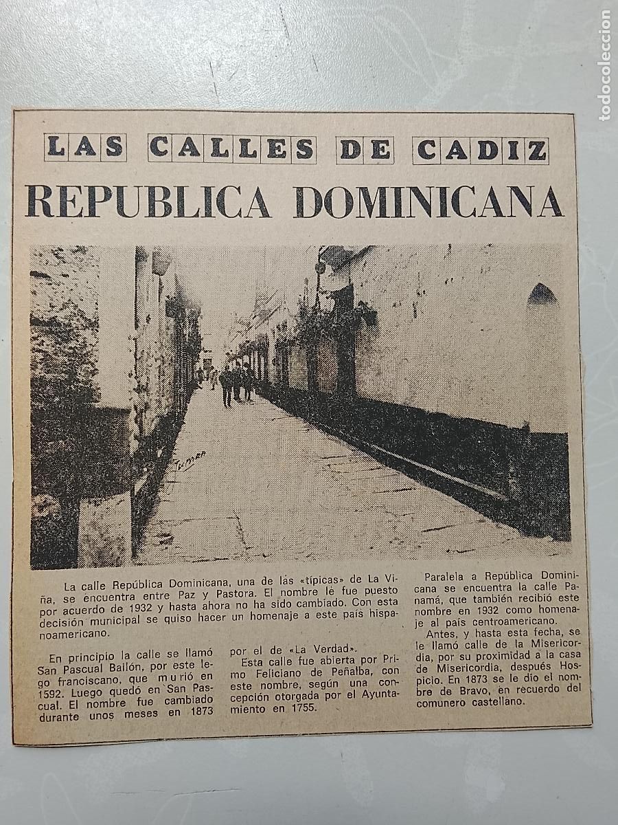 Coleccionismo de Revista Hola: DIARIO 1979 80 RECORTE COLECCION CALLES DE CADIZ CAPITAL - CALLE REPUBLICAD DOMINICANA