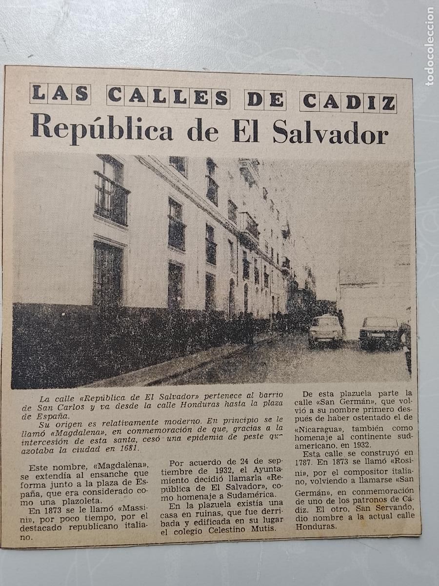 Coleccionismo de Revista Hola: DIARIO 1979 80 RECORTE COLECCION CALLES DE CADIZ CAPITAL - REPUBLICA DE EL SALVADOR