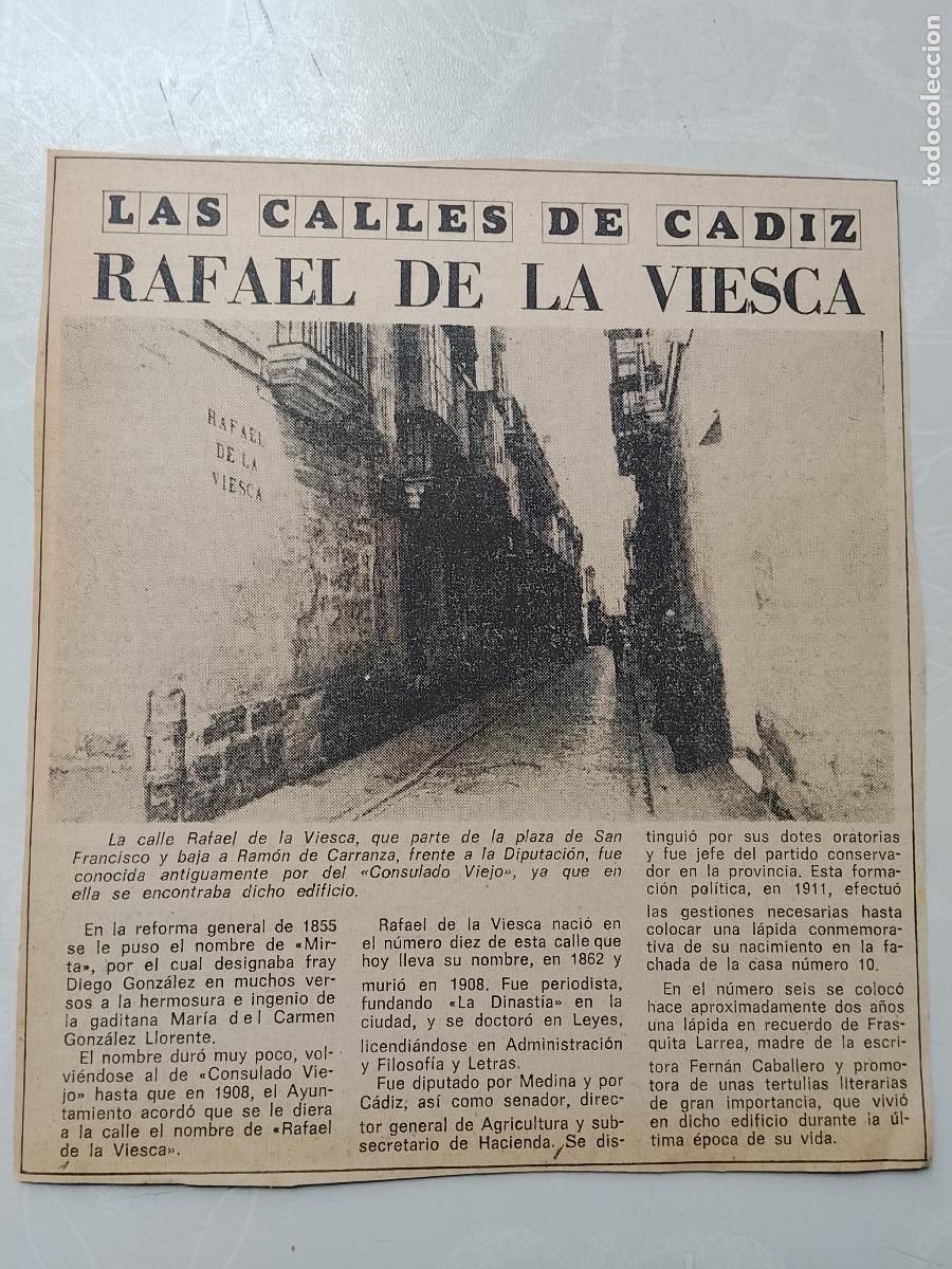 Coleccionismo de Revista Hola: DIARIO 1979 80 RECORTE COLECCION CALLES DE CADIZ CAPITAL - CALLE RAFAEL DE LA VIESCA