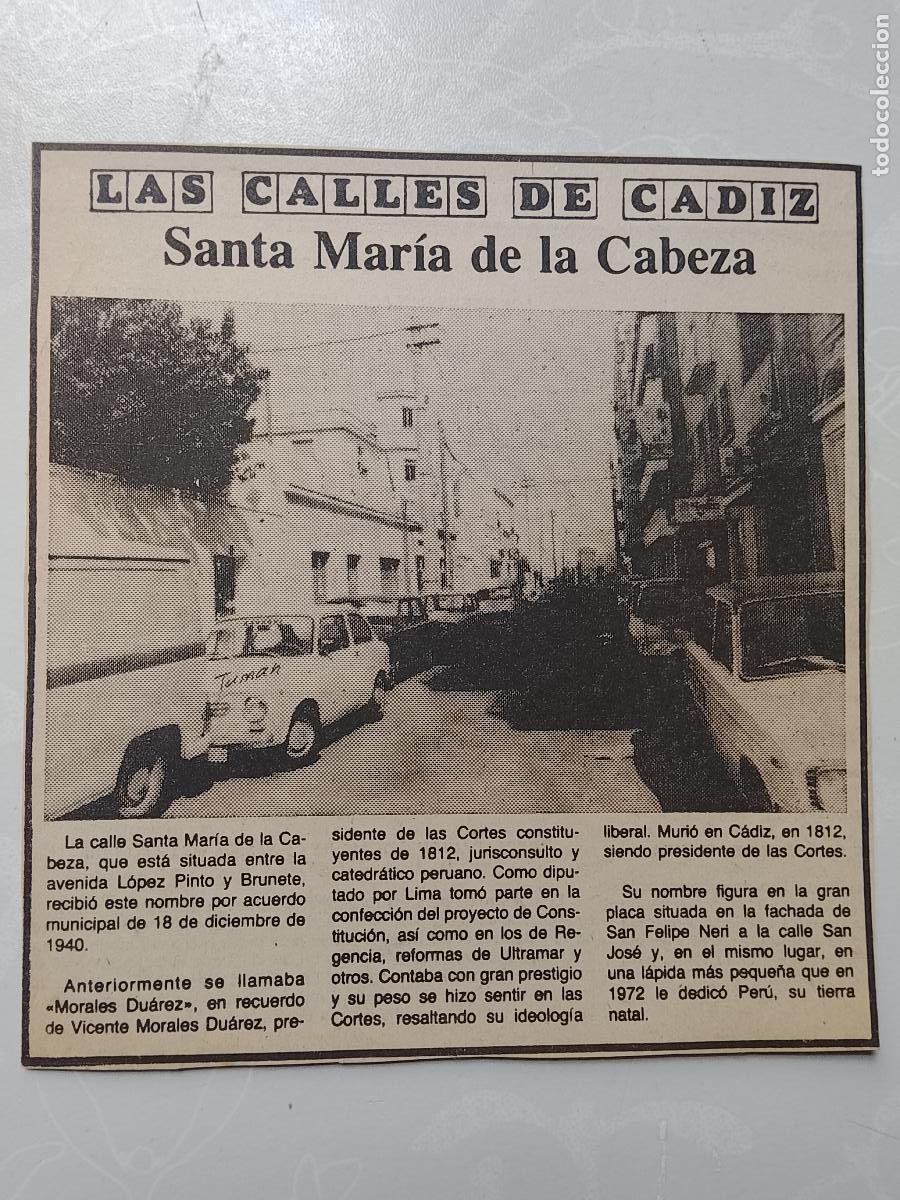 Collezionismo di Rivista &iexcl;Hola!: DIARIO 1979 80 RECORTE COLECCION CALLES DE CADIZ CAPITAL - CALLE SANTA MARIA DE LA CABEZA