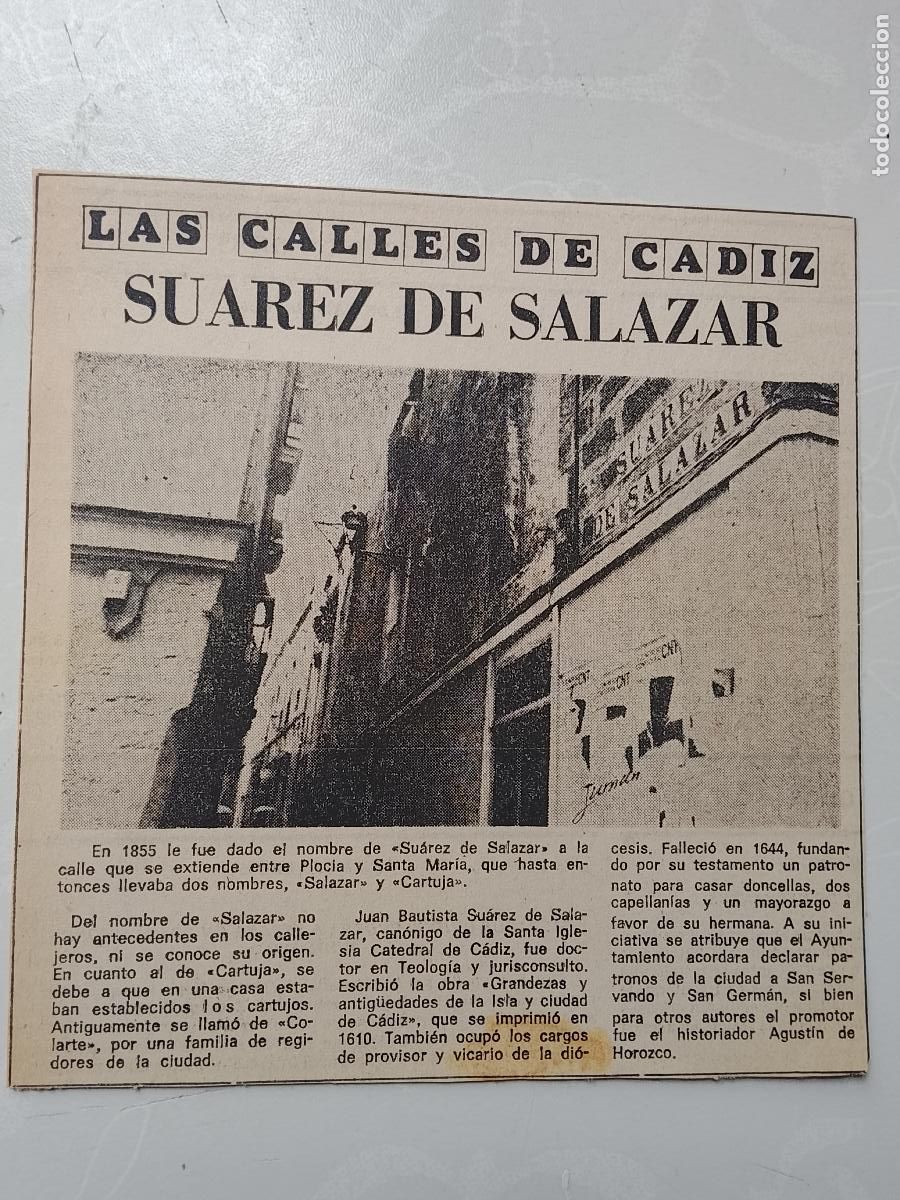 Coleccionismo de Revista Hola: DIARIO 1979 80 RECORTE COLECCION CALLES DE CADIZ CAPITAL - CALLE SUAREZ DE SALAZAR
