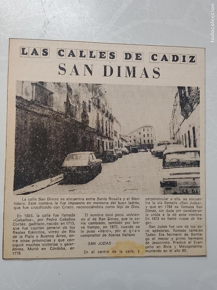 Coleccionismo de Revista Hola: DIARIO 1979 80 RECORTE COLECCION CALLES DE CADIZ CAPITAL - CALLE SAN DIMAS
