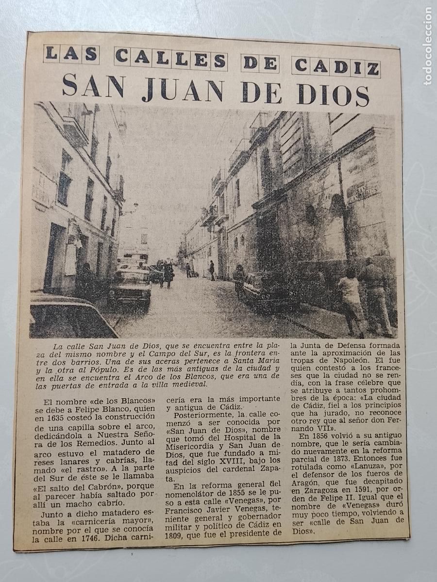 Coleccionismo de Revista Hola: DIARIO 1979 80 RECORTE COLECCION CALLES DE CADIZ CAPITAL - CALLE SAN JUAN DE DIOS