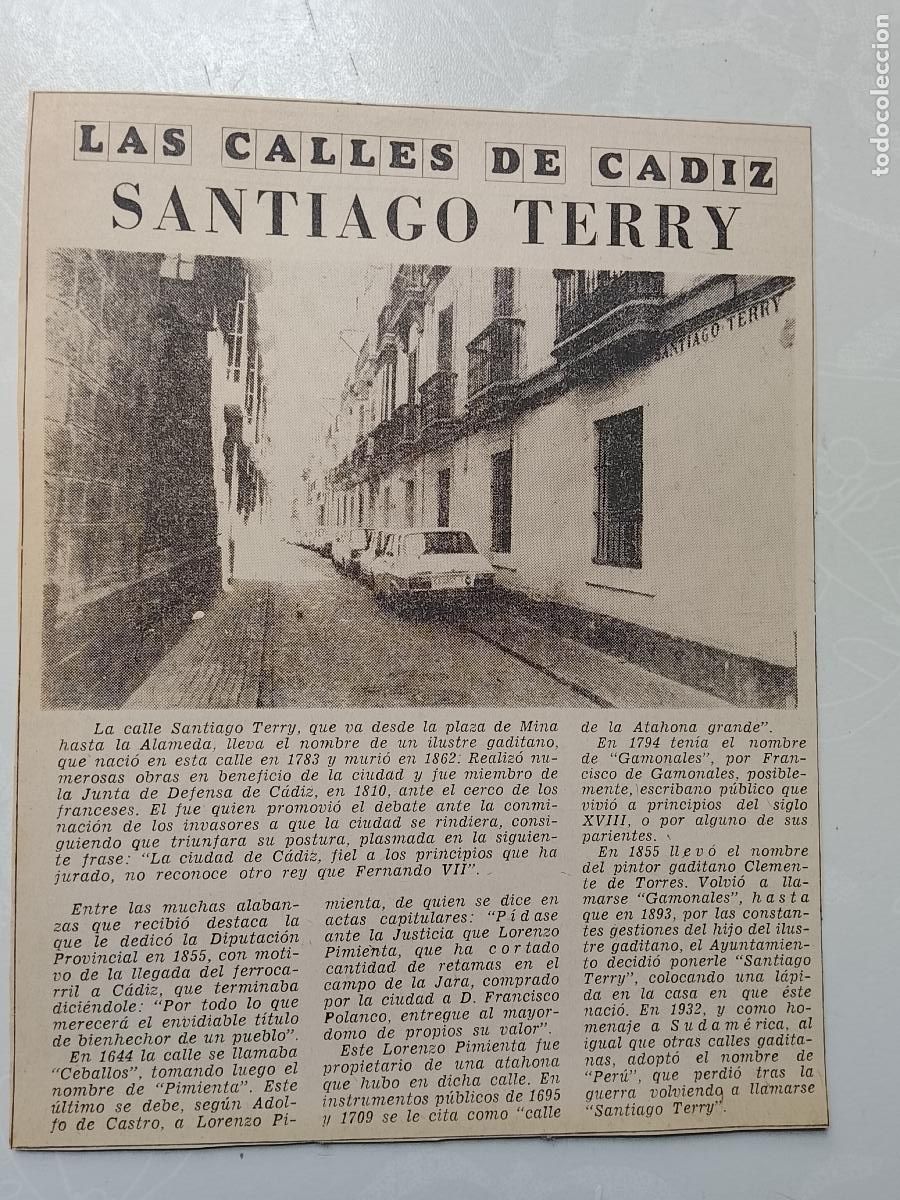 Coleccionismo de Revista Hola: DIARIO 1979 80 RECORTE COLECCION CALLES DE CADIZ CAPITAL - CALLE SANTIAGO TERRY