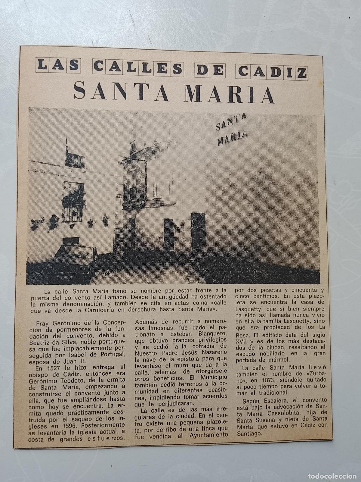 Coleccionismo de Revista Hola: DIARIO 1979 80 RECORTE COLECCION CALLES DE CADIZ CAPITAL - CALLE SANTA MARIA