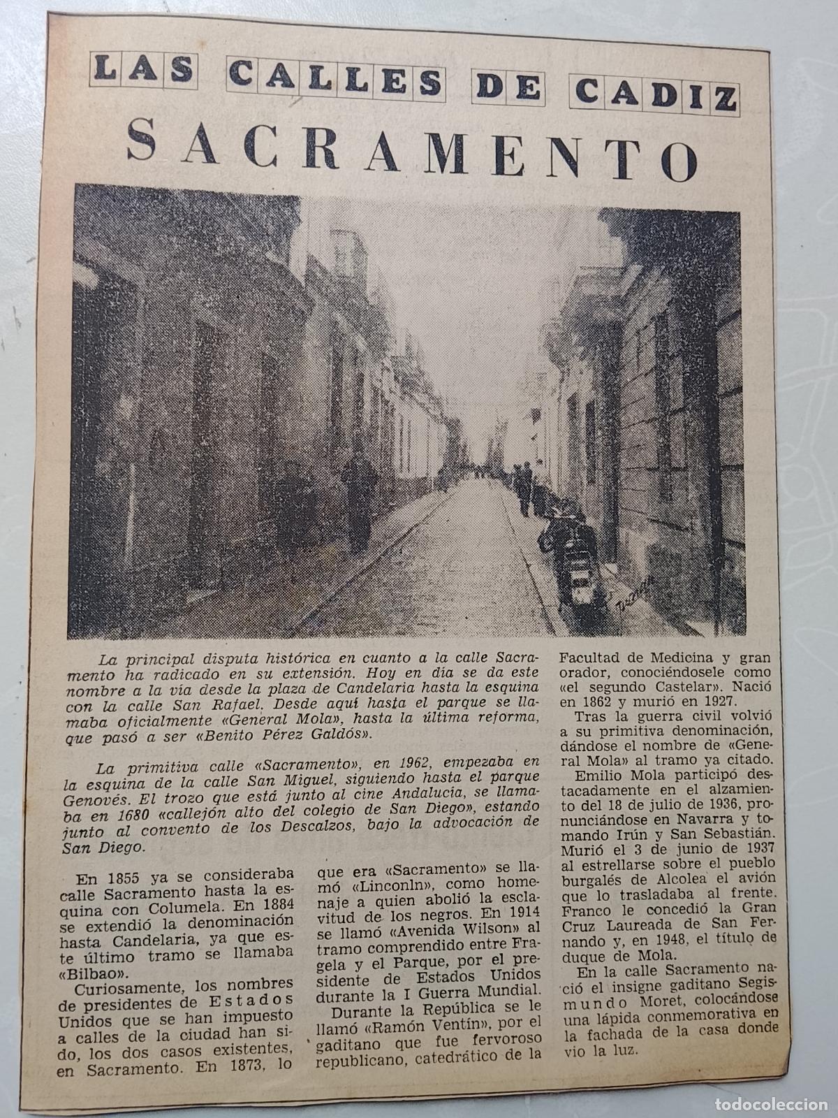 Collectionnisme de Magazine &iexcl;Hola!: DIARIO 1979 80 RECORTE COLECCION CALLES DE CADIZ CAPITAL - CALLE SACRAMENTO