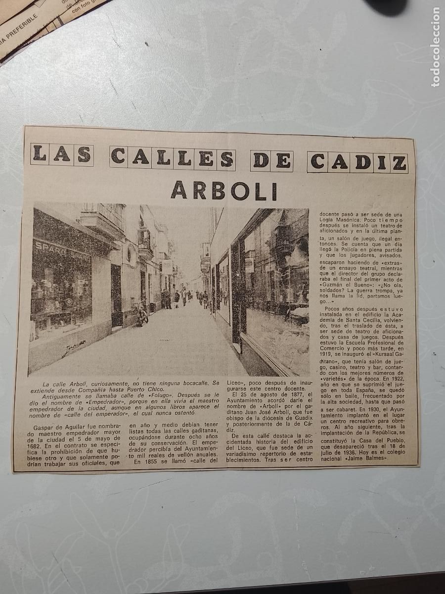 Collectionnisme de Magazine &iexcl;Hola!: DIARIO 1979 80 RECORTE COLECCION CALLES DE CADIZ CAPITAL - CALLE ARBOLI